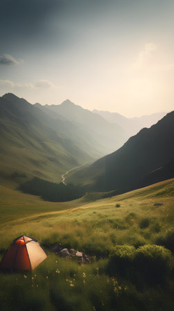 Camping on the mountain meadow. Summer landscape. Toned.の素材