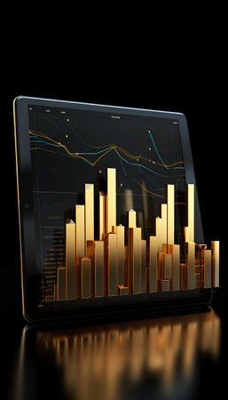 Laptop with financial chart on black background. 3d illustration.の素材