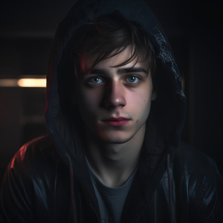 Portrait of a young man in a dark room with a hoodの素材
