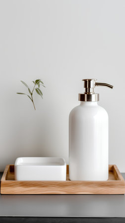 White soap dispenser on a wooden tray on a gray wall backgroundの素材