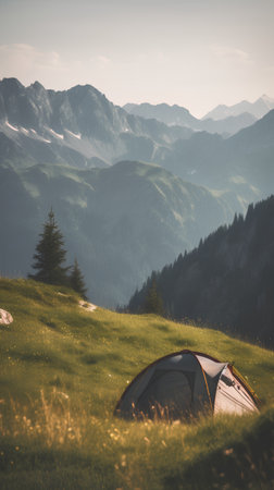 Camping tent on the top of a mountain. Beautiful summer landscape.の素材