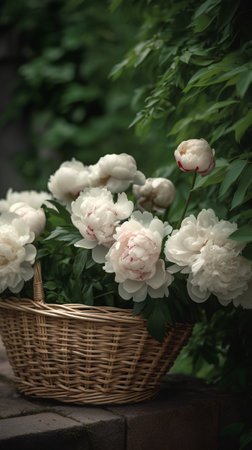 White peonies in a basket on a background of green foliage.の素材