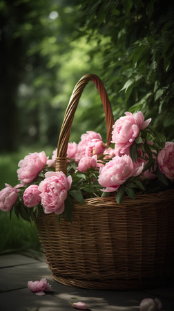 Basket with pink peonies on a background of green foliage.の素材