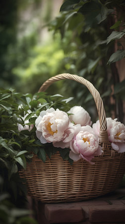Basket with peonies in the garden. Selective focus.の素材