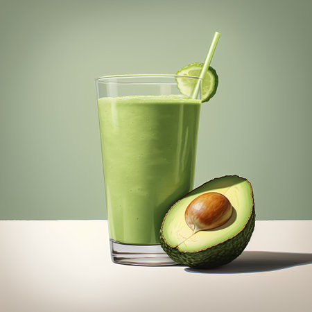 Avocado smoothie in a glass with a slice of avocado and a straw on a green backgroundの素材