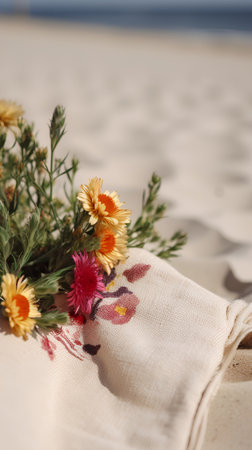 Beautiful bouquet of chrysanthemums on the beachの素材
