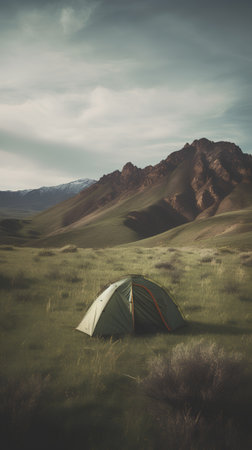 Camping in the mountains. Travel and adventure concept. Toned.の素材