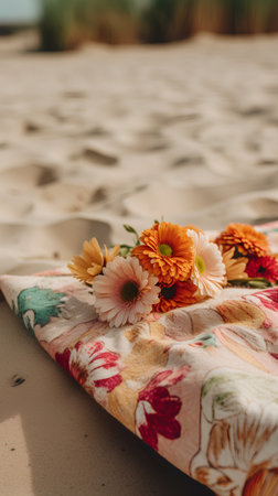 Beautiful gerbera flower on the beach towel. Summer concept.の素材