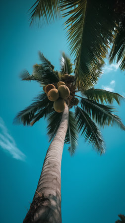 Coconut palm tree with coconuts on blue sky backgroundの素材