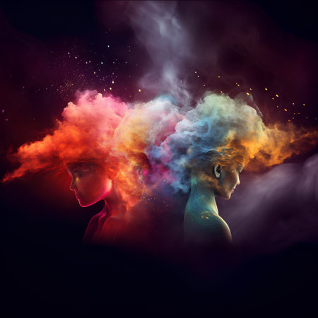 Fantasy portrait of a beautiful woman with colorful hair and smoke.の素材