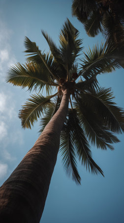 Coconut palm tree on blue sky background. Vintage tonedの素材