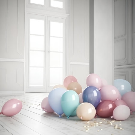 colorful balloons on the floor in a room with white walls and wooden floorの素材