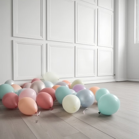 3d render of balloons in a room with white wall and wooden floorの素材