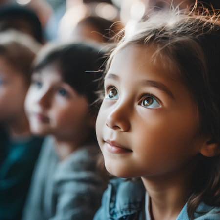 Cute little girl looking at camera in school classroom. Selective focus.の素材