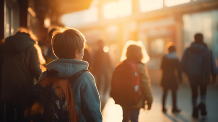 Back view of a boy with a backpack in the city at sunsetの素材