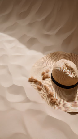 Summer straw hat on sand background. Top view. Copy space.の素材
