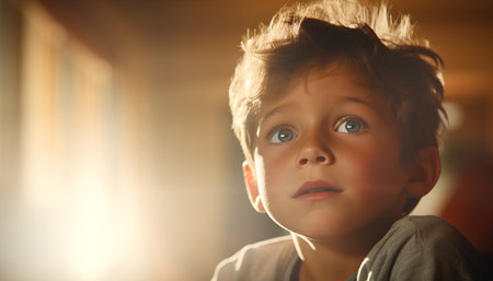 Portrait of a cute little boy looking at the camera in a roomの素材