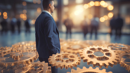 Rear view of businessman standing with hands in pockets and looking at cogwheels. 3D renderingの素材