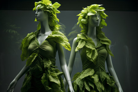 3d render of a female mannequins with green leavesの素材