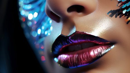 Close-up portrait of a beautiful young woman with bright makeup and red lips.の素材
