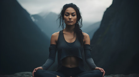Beautiful asian woman meditating in yoga pose in the mountainsの素材