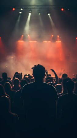 Crowd at concert, silhouette of a man in front of the stageの素材