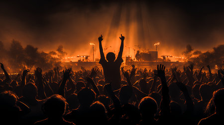 Silhouettes of concert crowd with raised hands at a music festivalの素材
