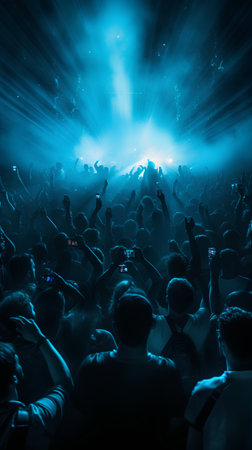 Silhouettes of concert crowd in front of the stage during a live concertの素材