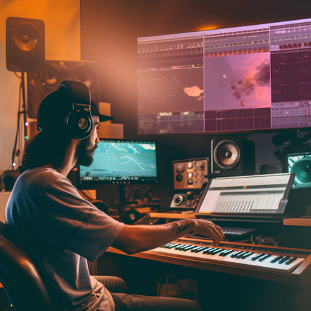 Professional sound producer working in recording studio. He is sitting at his desk and mixing music.の素材