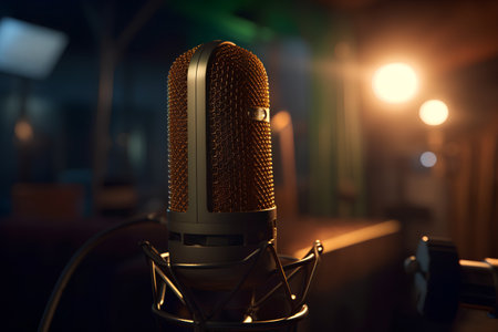 Microphone on the stage in the dark. 3d rendering.の素材