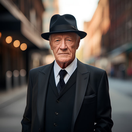 Elderly gentleman in a black suit and hat on the streetの素材