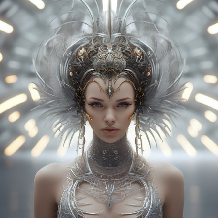 3d illustration of a fantasy warrior woman with silver armor and helmetの素材