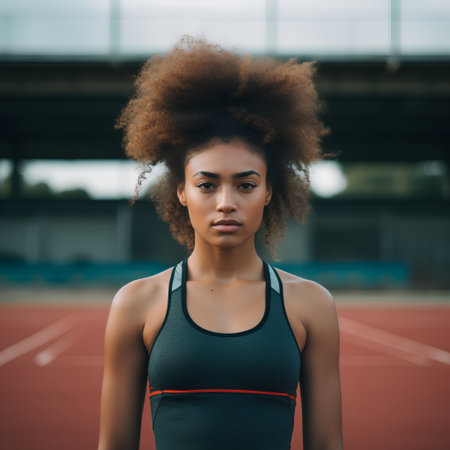 young beautiful african american sport woman at stadium track and fieldの素材
