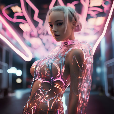 3D rendering of a female robot with neon lights in the backgroundの素材