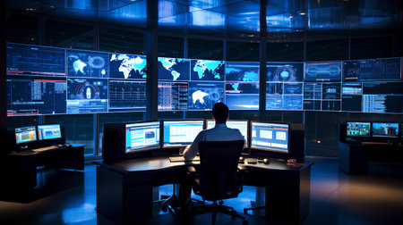 Back view of businessman working in modern office with glowing screens. Toned image double exposureの素材