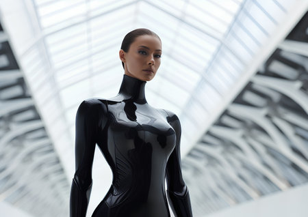 3d rendering of a female robot in a futuristic building interior.の素材