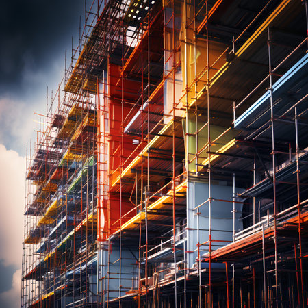 3D render of a multi-storey building under construction with scaffoldingの素材