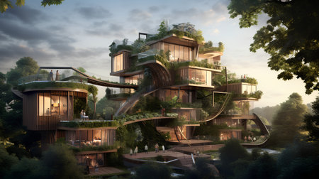 Luxury hotel in the forest. 3d render. Mixed mediaの素材