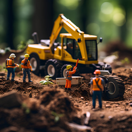 Miniature people engineer, construction worker and digger with excavator in the garden.の素材