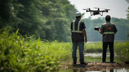 Two men are watching the drone flying over the rice field in the morning.の素材