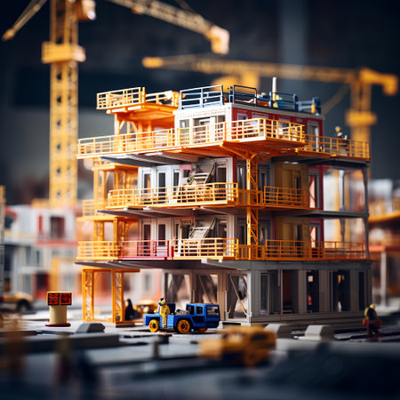 3d illustration of a construction site with cranes and houses.の素材