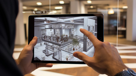 male hands holding digital tablet with modern house on screen. 3d renderingの素材