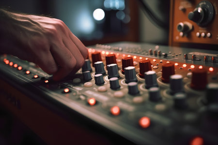 Close-up of a dj's hand adjusting the sound mixer.の素材