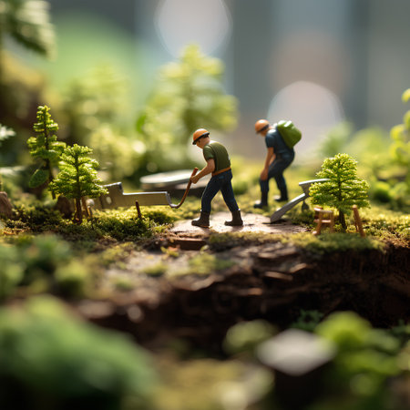 Miniature people : Worker planting tree on the ground in the garden.の素材