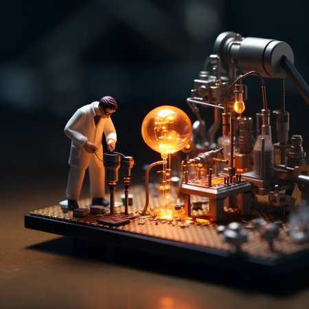 Miniature people : Engineer repairing electronic circuit board with light bulb.の素材
