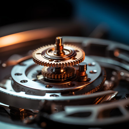Close up of the mechanism of an old watch. Selective focus.の素材