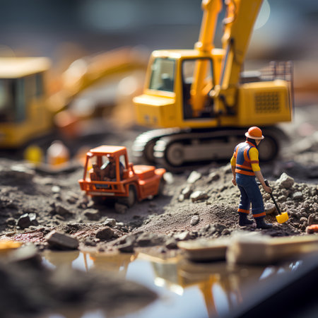 Miniature people construction worker with shovel and excavator at construction siteの素材