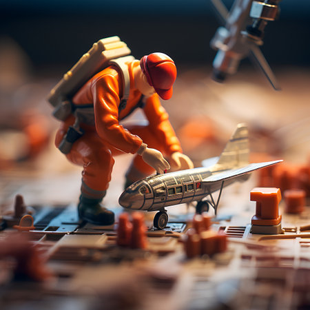 3D illustration of a miniature figure of a pilot with a toy airplaneの素材
