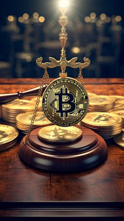 Golden bitcoin coin and scales of justice on wooden table. 3d illustration.の素材