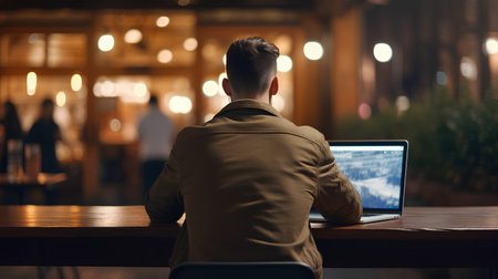 Rear view of young businessman sitting at table and working on laptop at nightの素材